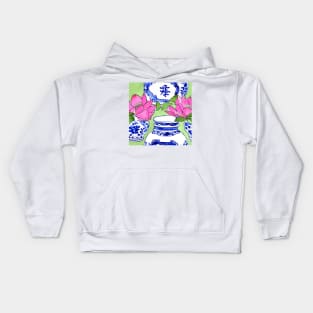 Lotus and chinoiserie jars on lime green Kids Hoodie